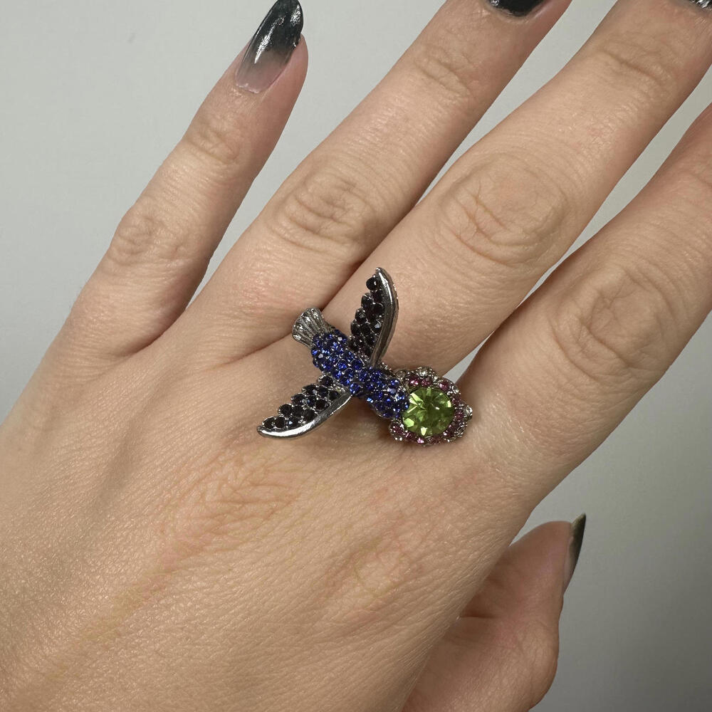 Vintage Silver Toned Gemstone‎ Hummingbird Ring - Size 7.75